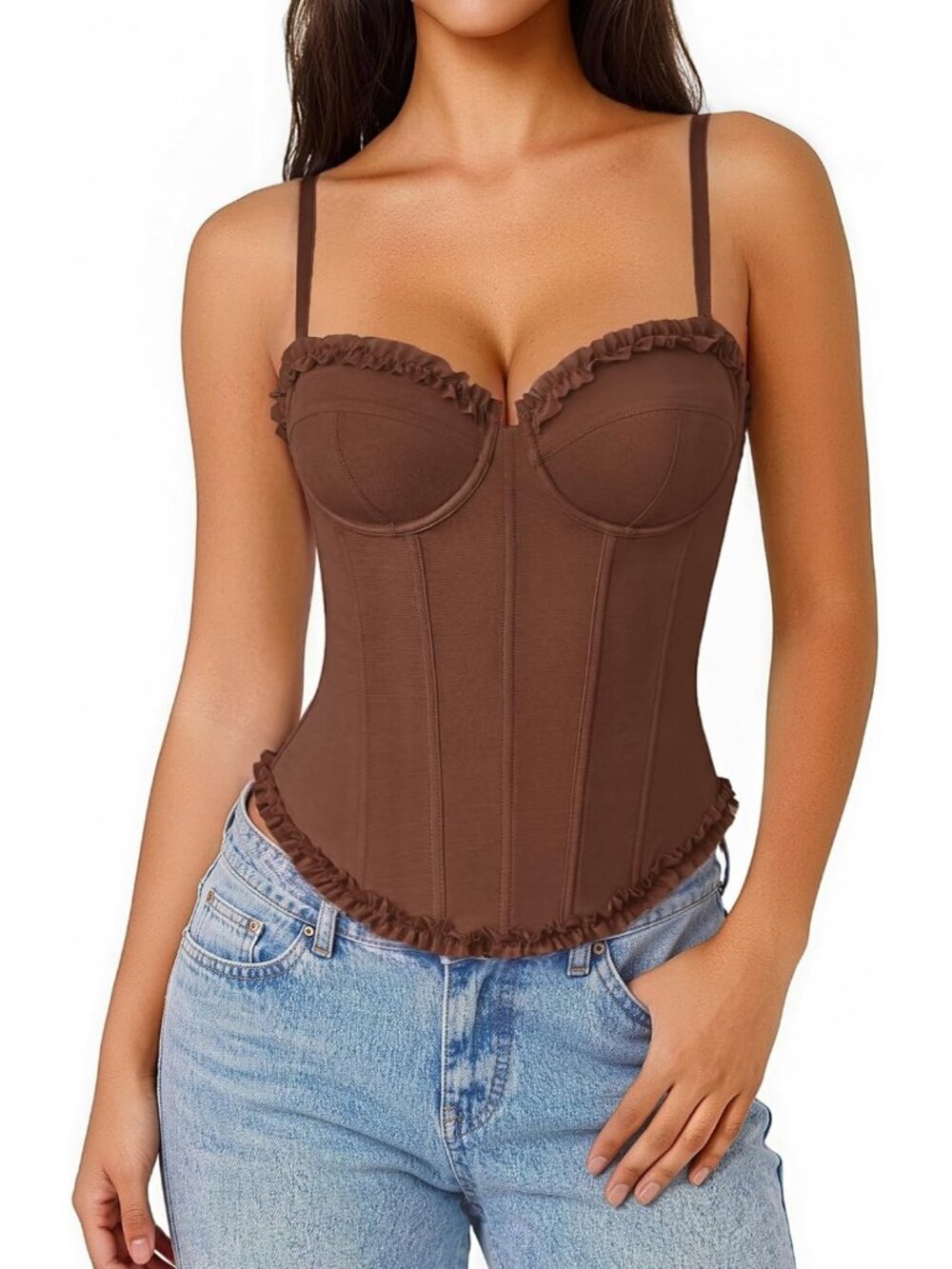Women's Brown Rows Hooks Adjustable Straps V Neck Bustier Underwire Corset Top